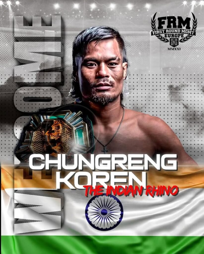 Chungreng Koren, also known as 'The Indian Rhino,' is featured in a promotional image wearing his championship belt. The background showcases the FRM Europe logo, indicating his signing with the agency. The Indian flag is prominently displayed, emphasizing his national pride and his role as a rising MMA star from India